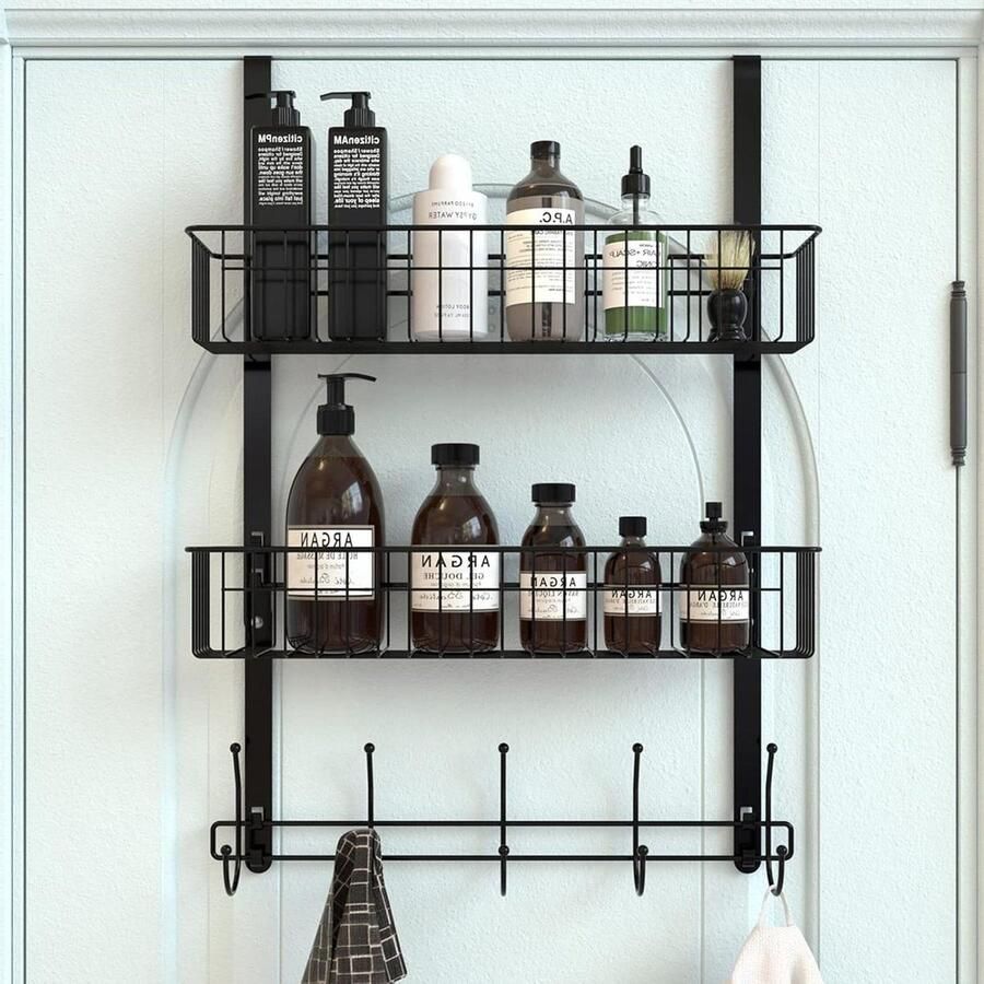Zwarte deurhanger handdoekenrek met 5 kapstokhaken en 2 gaasmanden voor badkamer slaapkamer keuken eenvoudige installatie