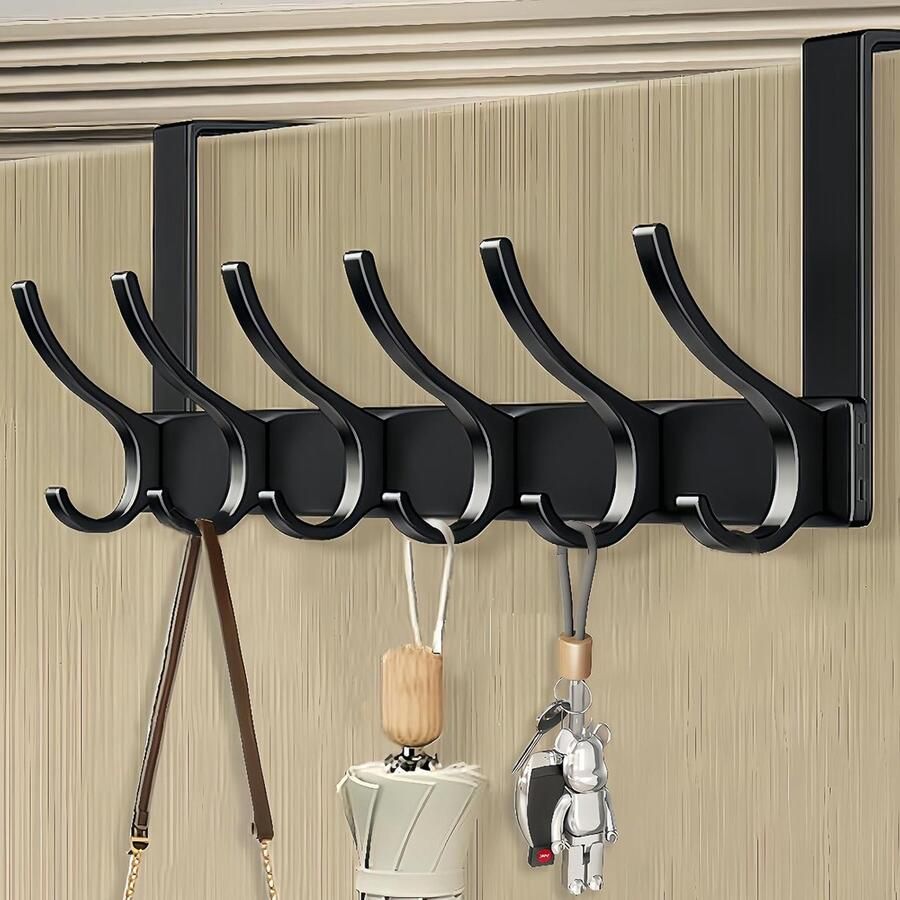 Deurkapstok met 6 Haken voor Efficiënte Opbergruimte Universal Deurhaken voor Kleding en Handdoeken (Zwart)