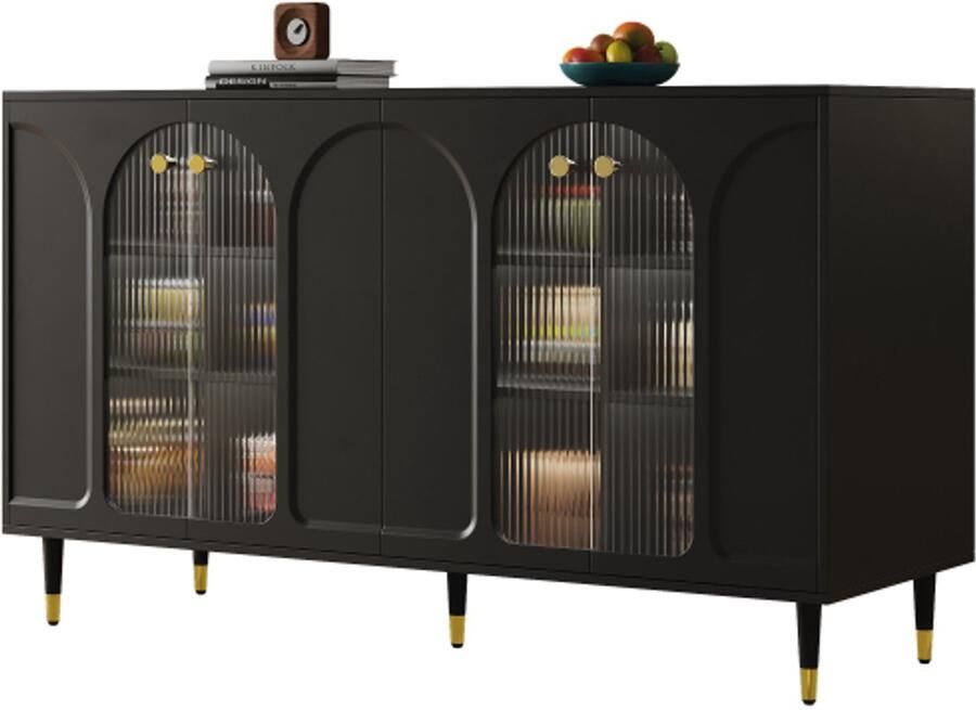 Zonder merk Gotagee Zwarte dressoir met glazen deur veel opbergruimte geschikt voor eetkamer woonkamer of keuken