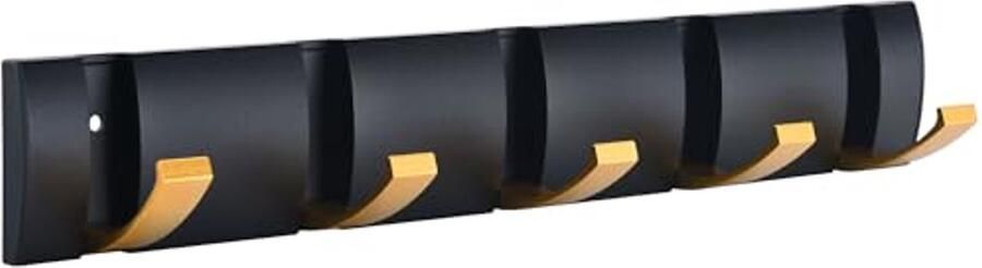 Zwarte en Gouden Muurkapstok met 5 Opvouwbare Haken