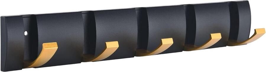 Zwarte en gouden wandkapstok met 5 opvouwbare haken Ruimtebesparend ontwerp