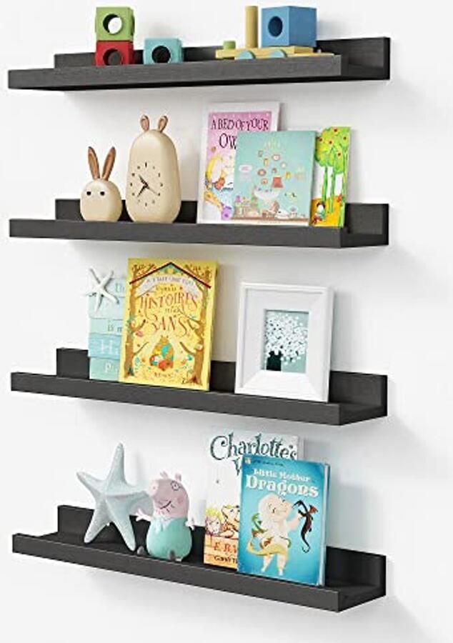 Zwarte Floating Shelves voor Kinderkamer Set van 4 Wandplanken van 63 cm voor Foto's en Boeken
