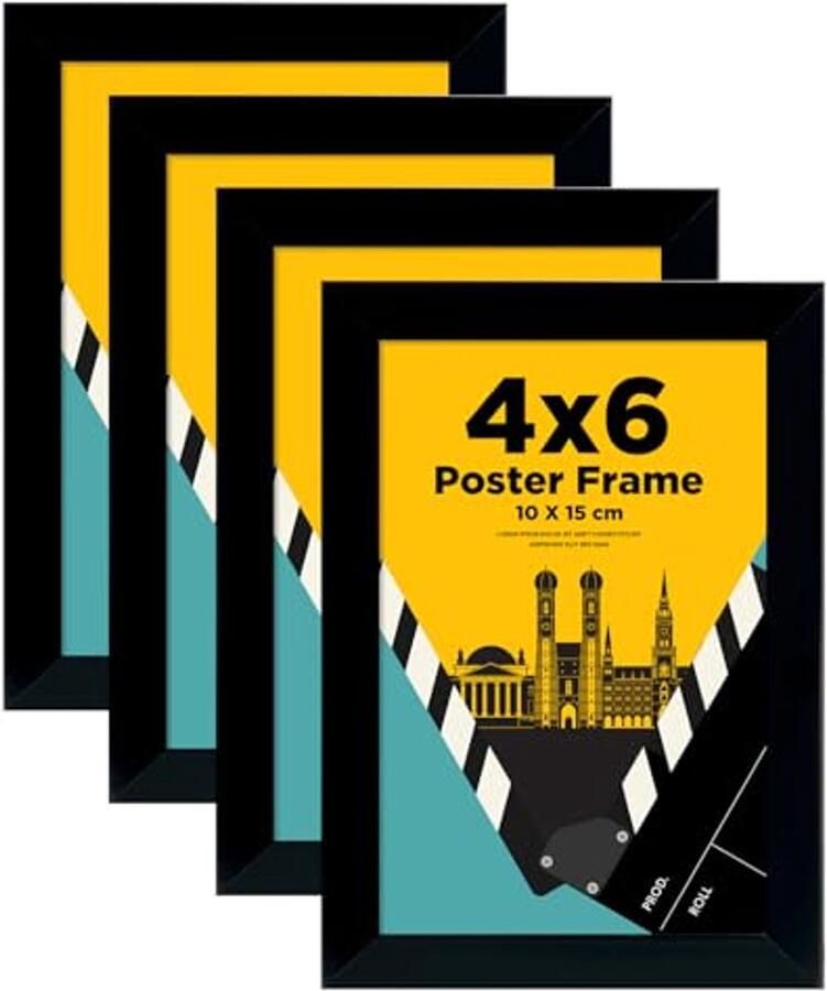 Zwarte Fotolijsten 10 x 15 cm Set van 4 Houten Lijsten voor Tafel en Wand