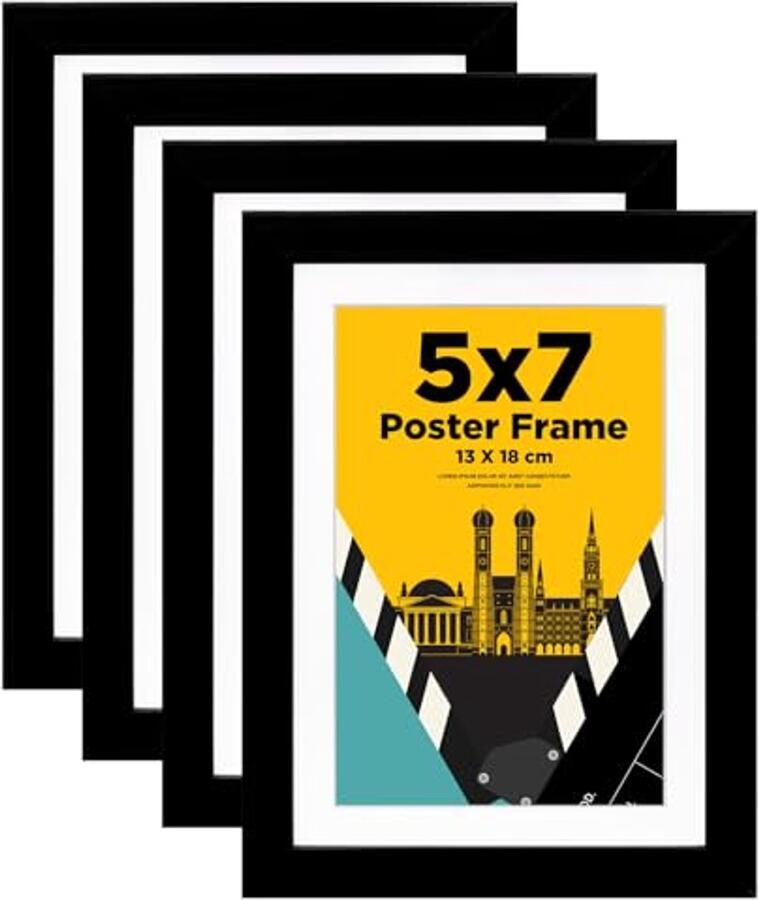 Zwarte Fotolijsten Set van 4 13 x 18 cm Houten Lijsten met Echt Glas voor Tafel- en Wandmontage