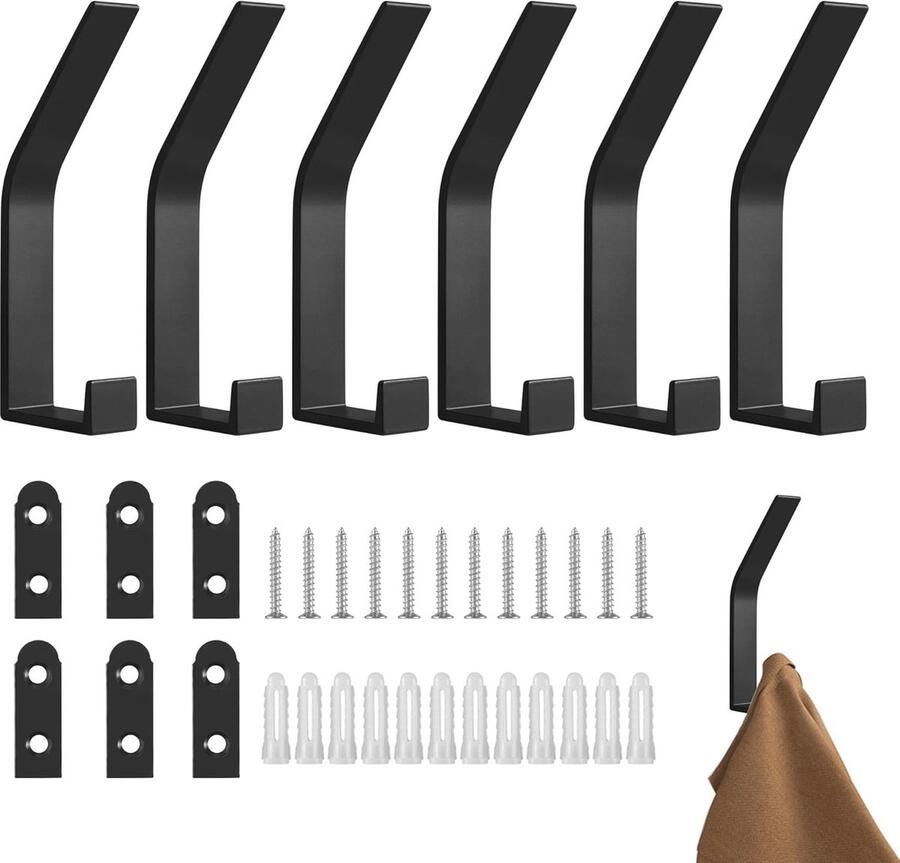 Zwarte Garderobehaken Set van 6 Kledinghaken voor Jassen Mantels Sjaals en Handtassen Ideaal voor Keuken Badkamer en Hal