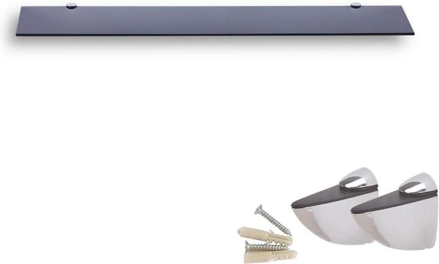 Zwarte Glazen Wandplank Badkamer Plank Doucheplank van 6mm ESG Veiligheidsglas Metalen Beugels Verschillende Maten (80 cm)