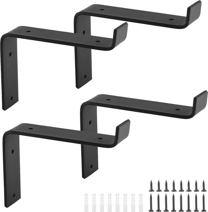 Zwarte Heavy Duty Plankhouders Industrieel Design 4 Stuks 8 Inch