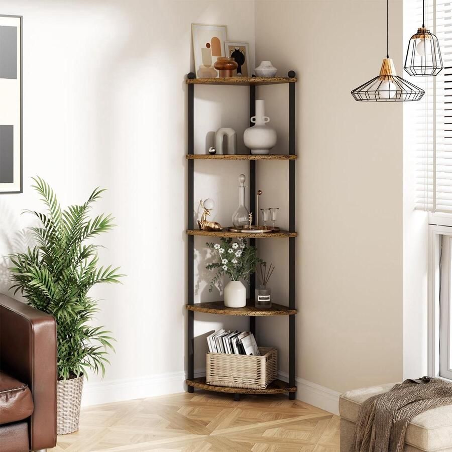 Zwarte Hoekplank Stand Badkamer 5 Tier Houten Rustieke stijl
