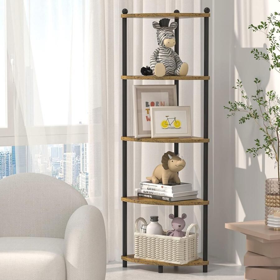 Zwarte Hoekplank voor Badkamer 5 Laags Houten Hoekrek voor Woonkamer Rustieke Stijl Multi Display Organizer