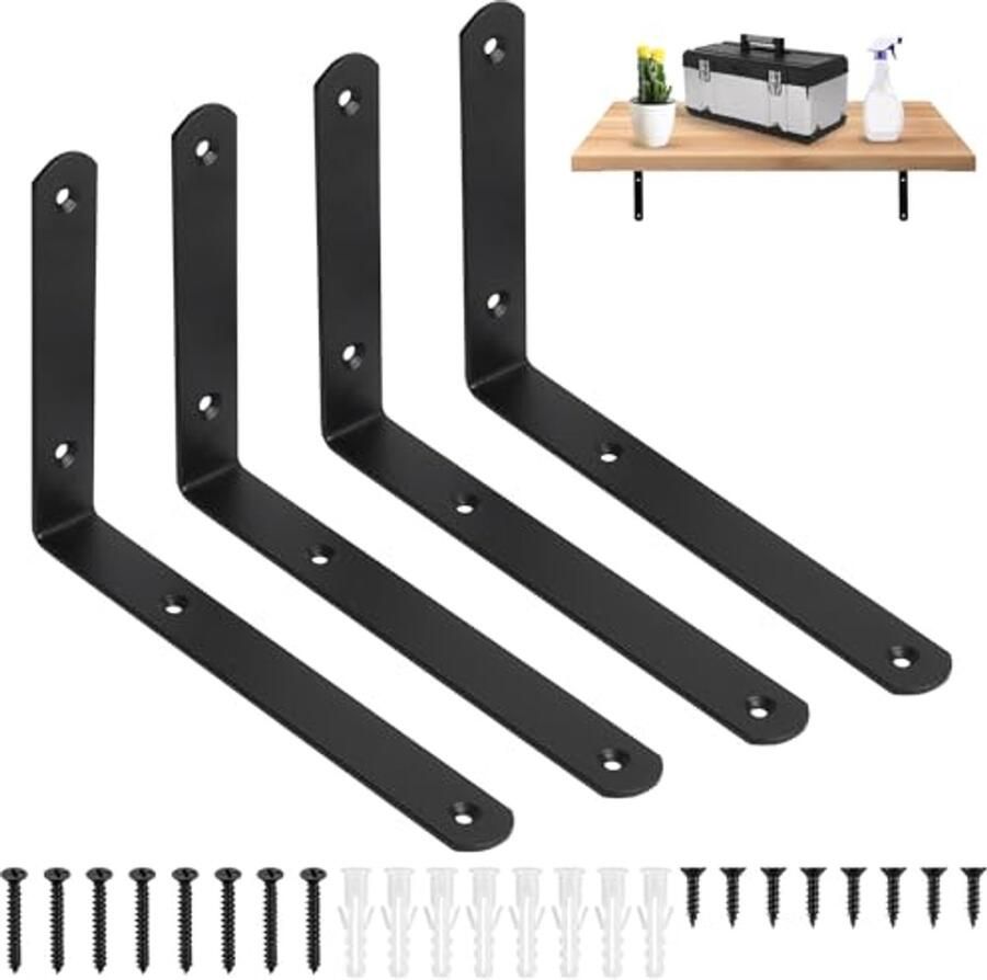 Zwarte Hoekplankdragers voor Wandplanken Robuuste L-Houders voor Zware Belasting Industrieel Design Set van 4