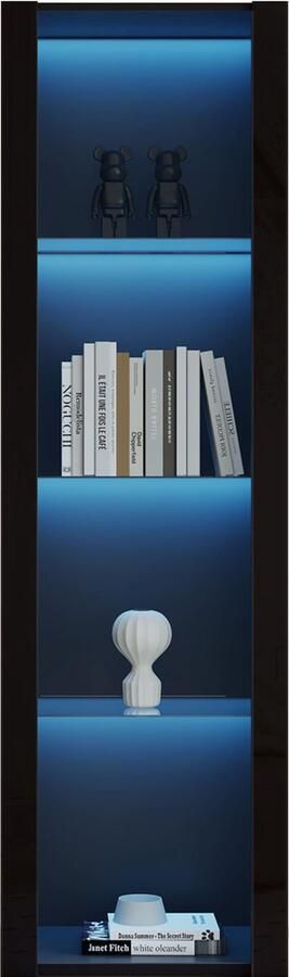 Zwarte Hoogglans LED Vitrinekast met 3 Glazen Planken – Moderne Opbergkast Staande Kast 55x38x166 cm met App-bediening