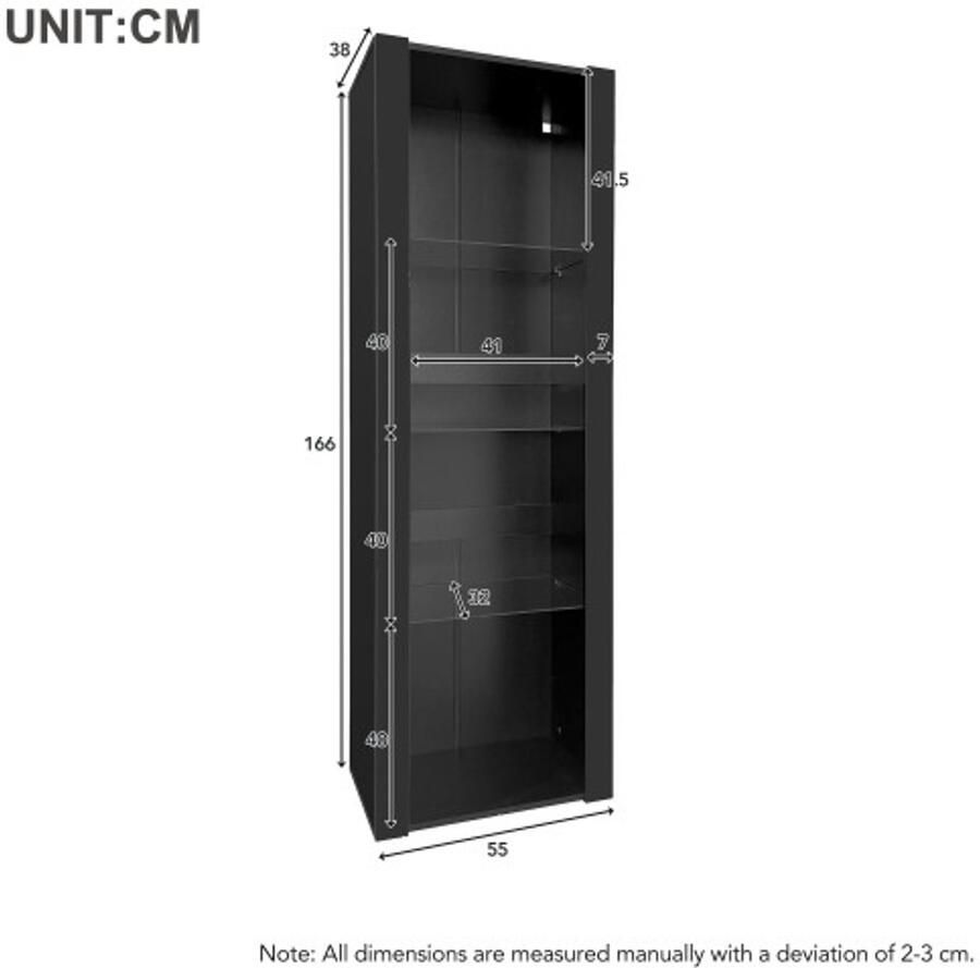 Zwarte hoogglans vitrinekast met LED-verlichting 3 glazen planken 55x38x166 cm vitrine staande kast hoge kast opbergkast