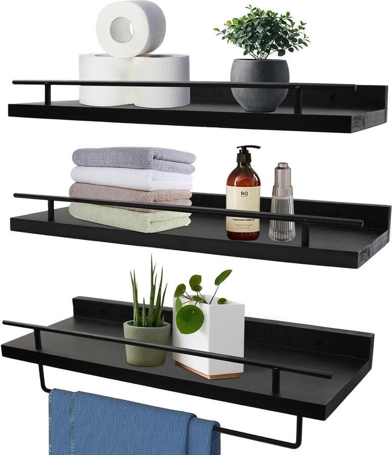 Zwarte houten wandplank belastbaarheid 20 kg met handdoekhouder 3-delige plank met 5 haken zwevend rek 40 cm voor badkamer keuken slaapkamer