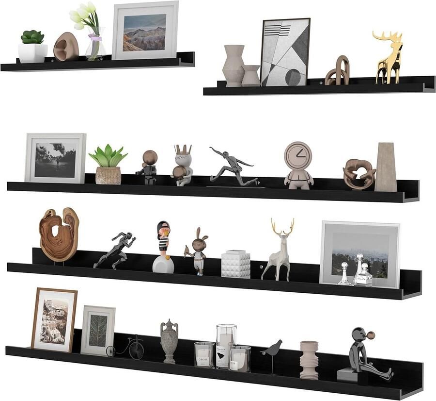 Zwart Houten Wandrek 120 cm Multifunctionele Zwevende Planken voor Woonkamer Keuken Badkamer en Werkkamer Set van 5