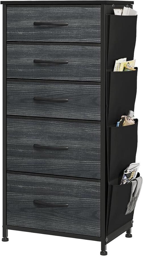 Zwarte houtnerf ladekast 5 stoffen laden met handgrepen Metalen frame Voor slaapkamer woonkamer