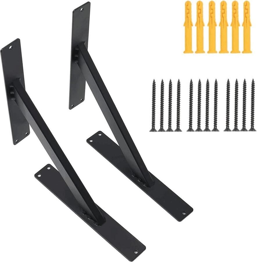 Zwarte ijzeren wandplank console set van 2 belastbaar tot 70 kg in 3 maten stevige lasten drager