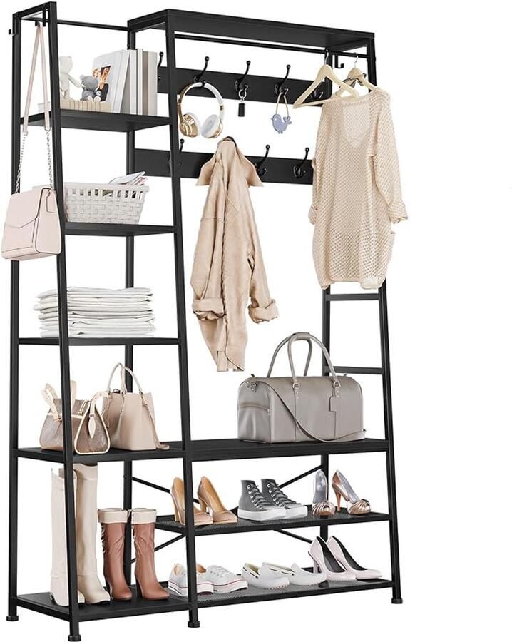 Zwarte industriële kapstok 9 haken + 5 planken + schoenenbank Voor hal slaapkamer