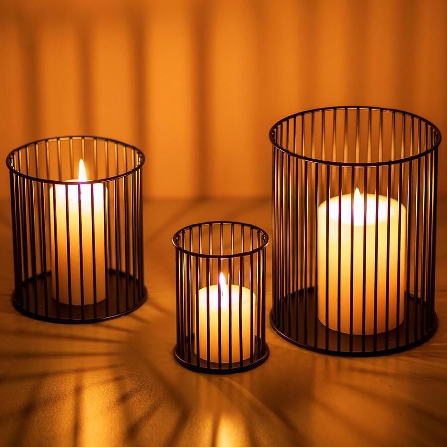 Zwarte kaarsenhouder voor zuilkaarsen set van 3 decoratieve lantaarn metaal open haard salontafel eetkamer kandelaar Kerstmis Halloween middenstuk