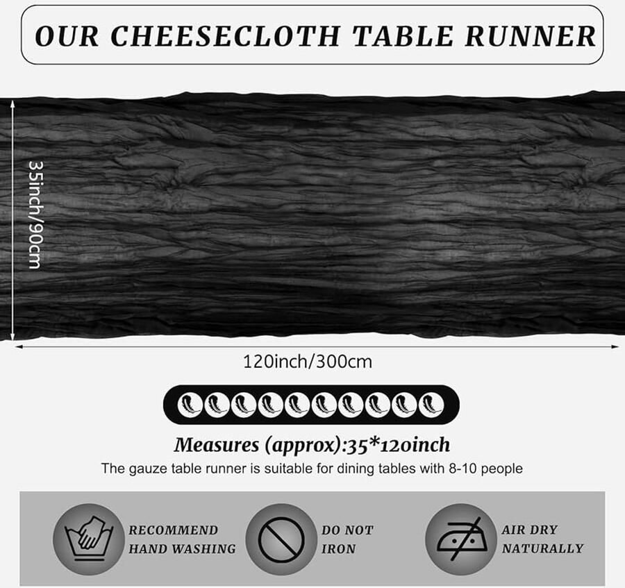 Zwarte kaasdoek tafelloper boho stijl 1 stuk 30 cm x 350 cm kaasdoek