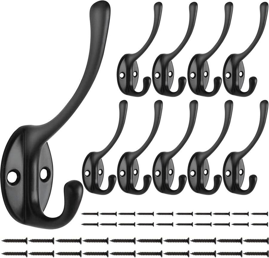Zwarte kapstokhaken 10 stuks Vintage wandmontage dubbele haak 40 schroeven jas hoed handdoek jas sleutel pet beker kapstok hangend met plank