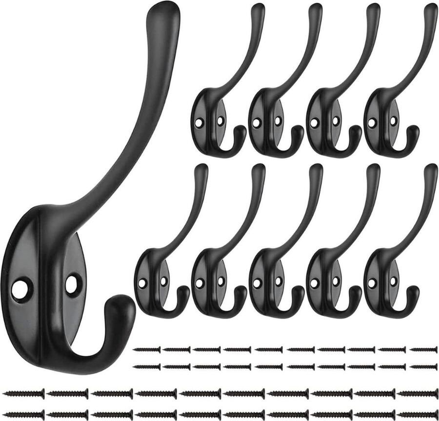Zwarte kapstokhaken 10 stuks vintage zware wandmontage haak inclusief 40 schroeven jas hoed handdoek sjaal tas sleutel pet beker kapstok hangend met plank