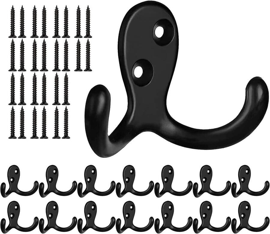 Zwarte kapstokhaken 14 stuks Vintage zware wandmontage dubbele haak met 40 schroeven