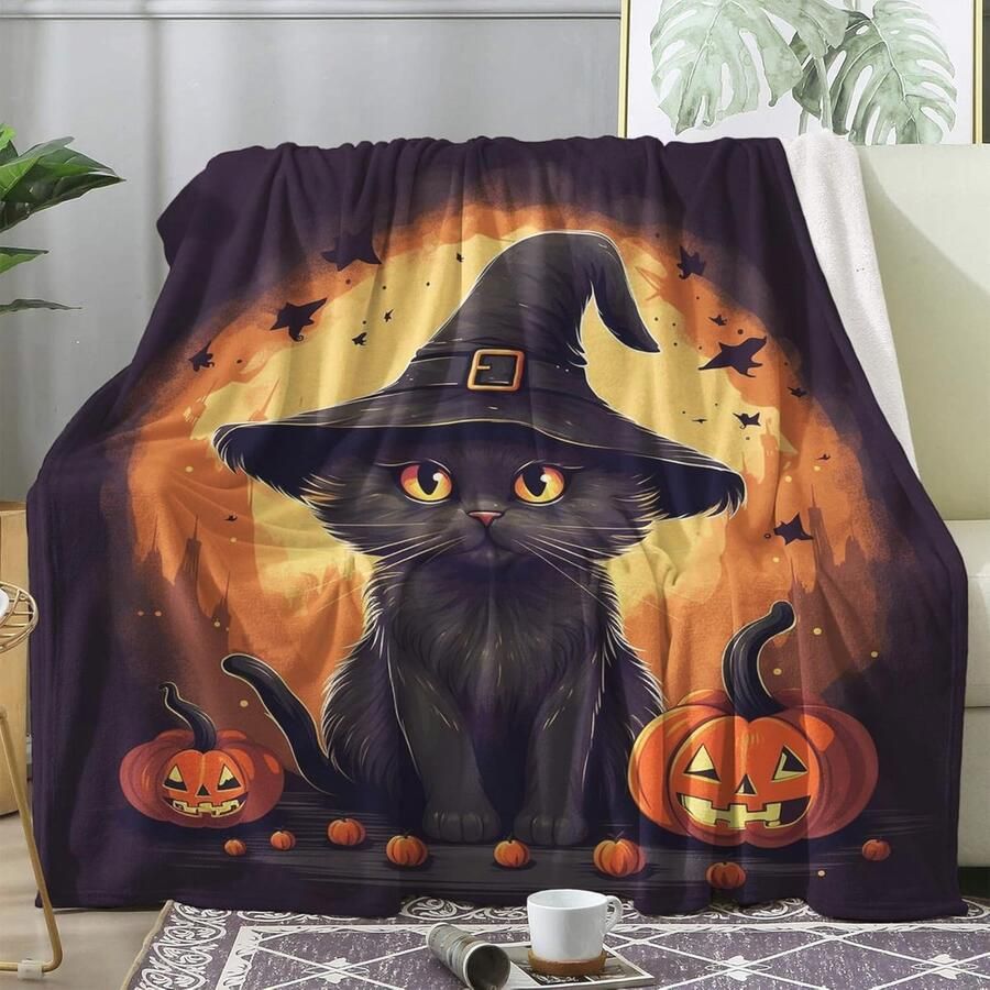 Zwarte Kat en Pompoen Halloween Deken Zachte Fleece Plaid voor Bed of Bank 130 x 150 cm