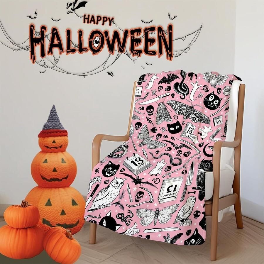 Zwarte Kat Halloween Fleece Knuffeldeken Zacht Warme Sprei voor Bank Bed Camp Roze 150 x 200 cm - Foto 2