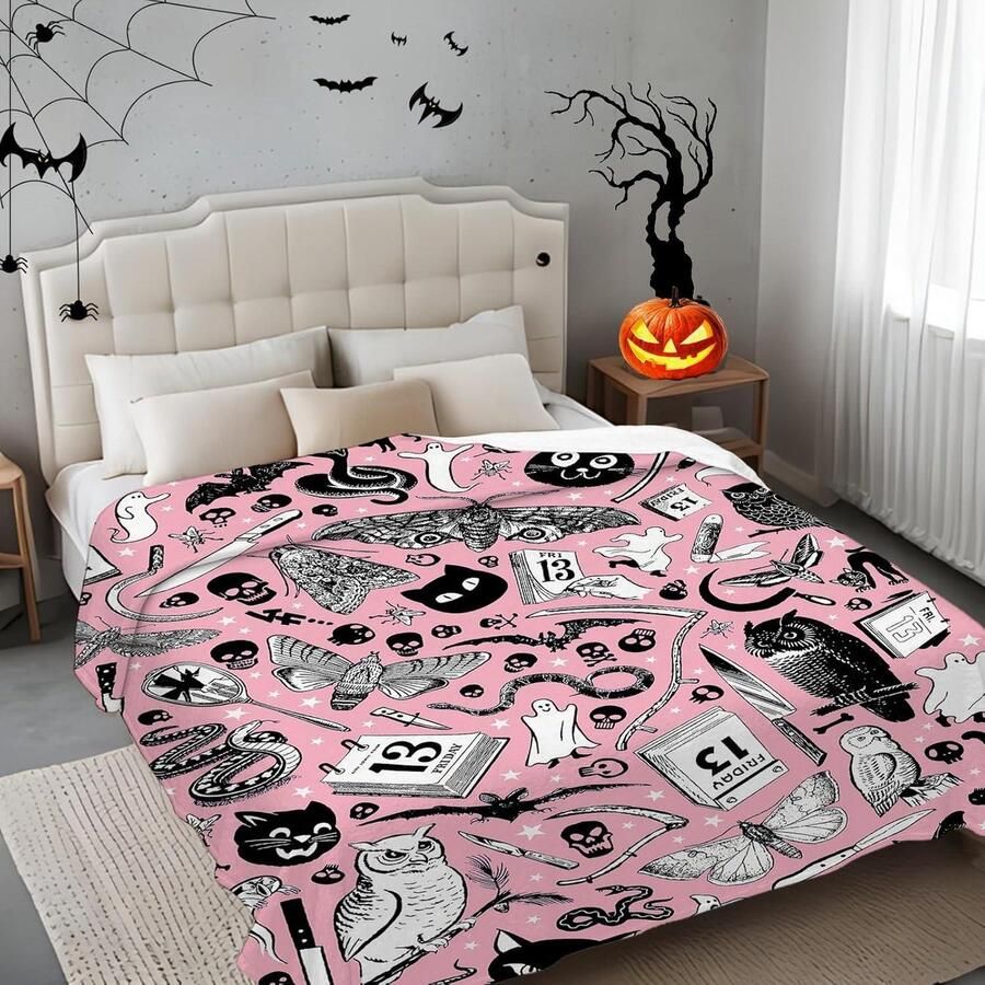Zwarte Kat Halloween Fleece Knuffeldeken Zacht Warme Sprei voor Bank Bed Camp Roze 150 x 200 cm