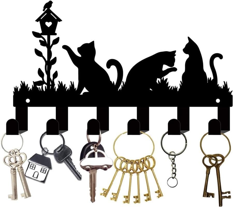 Zwarte Kat Sleutelhanger voor Wand Sleutel Organizer Metalen Kapstok met 10 Haakjes Sleutelhanger voor Muurdecoratie Voor Entree Hal en Voordeur