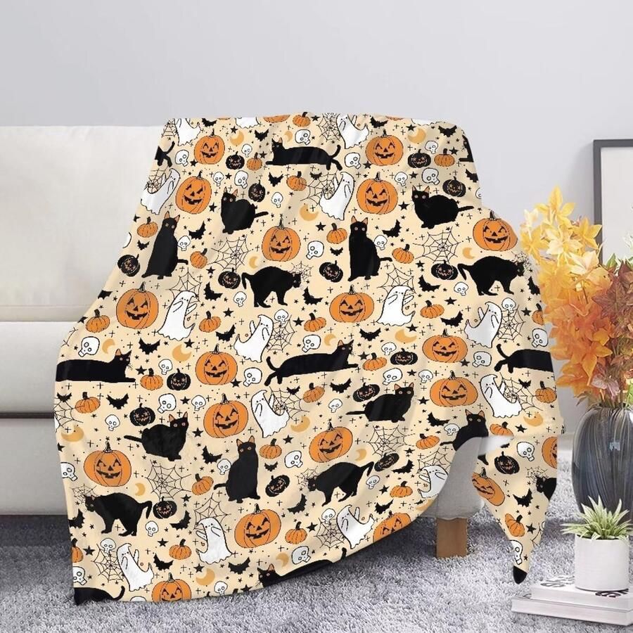 Zwarte Kat Spinnenweb Flanellen Deken voor Kinderen en Volwassenen Pluizige Fleece Deken voor Slaapkamer Bank en Reizen Ideaal voor Halloween Decoraties