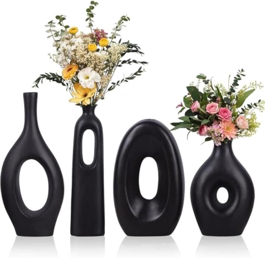 Zwarte keramische vaas set van 4 ronde holle boho-vazen voor pampasgras en bloemen moderne minimalistische kleine vazen voor woonkamer slaapkamer open haard salontafel decor en tafelstukken