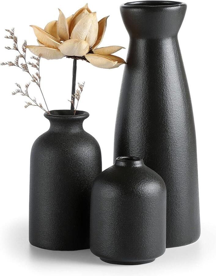 Allecto premium Zwarte keramische vazen set van 3 Moderne rustieke woondecoratie Decoratieve vazen voor pampagras Geschikt voor planken en tafels Voor ingang en schoorsteenmantel Decoratief element in noodlijdend decor
