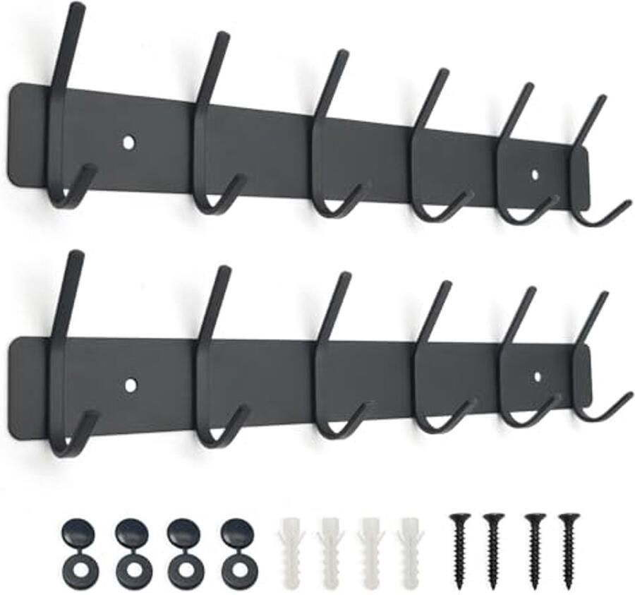 Zwarte Kledinghaken Wand Kapstok RVS Haakstrip voor Kledingkast en Badkamer (6 Haken 2 Stuks)