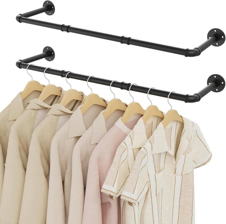 Zwarte Kledingstang Wandmontage Set van 2 100 cm Industrieel