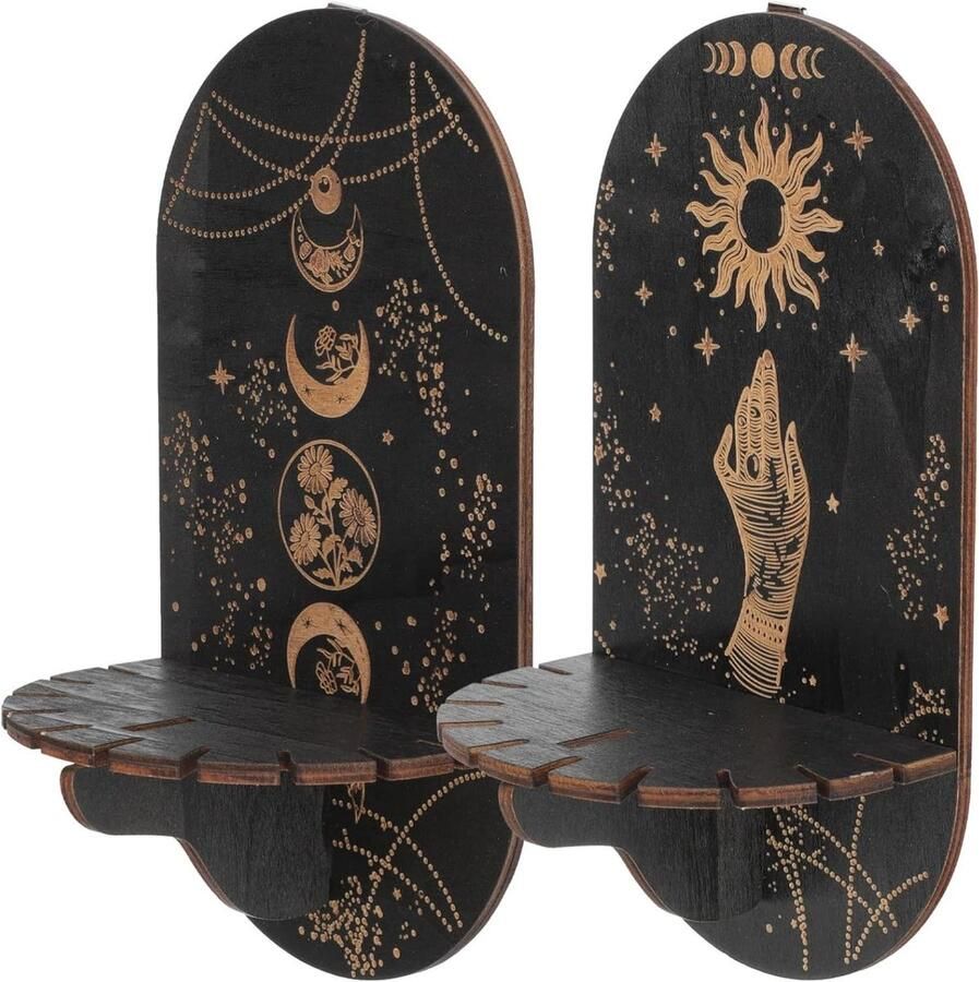 Zwarte kristal houten wandplank voor Witchy Room Decor 2 stuks met haken voor kristallen stenen en etherische olie
