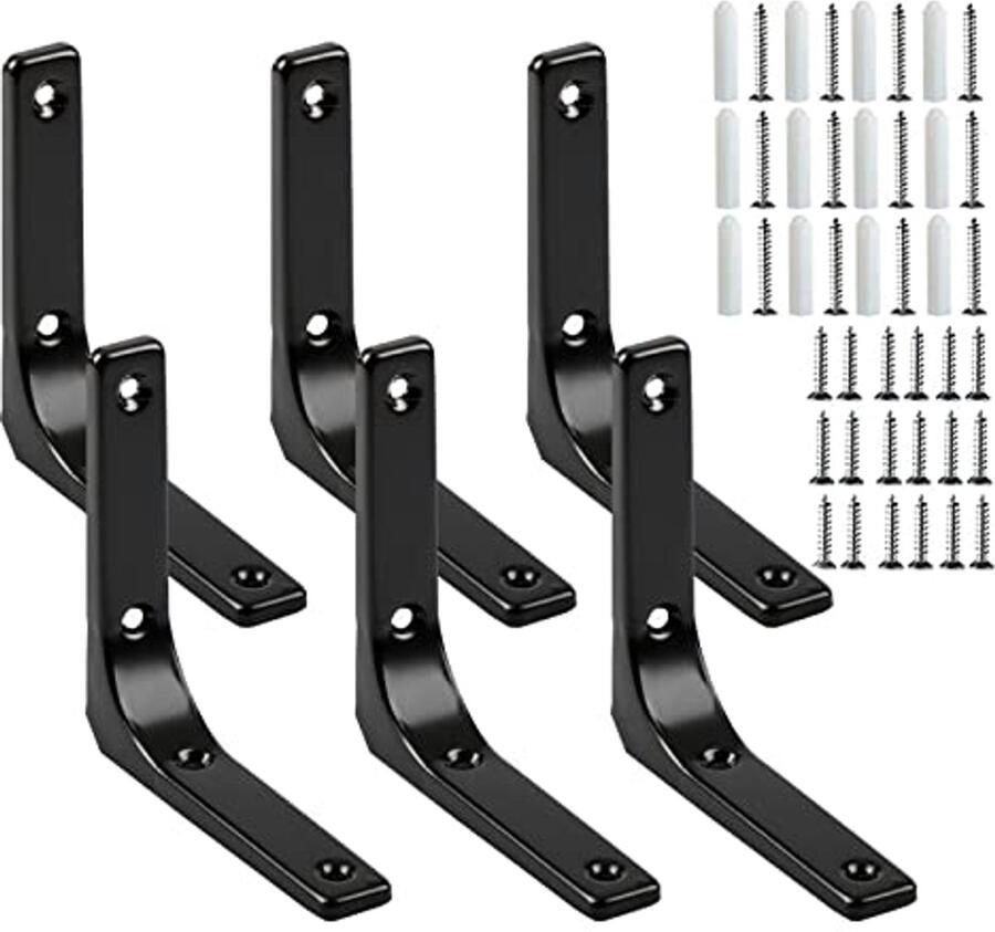 Zwarte L-vormige Plankhouder Set van 6 Ideaal voor Wandrekken en Planken