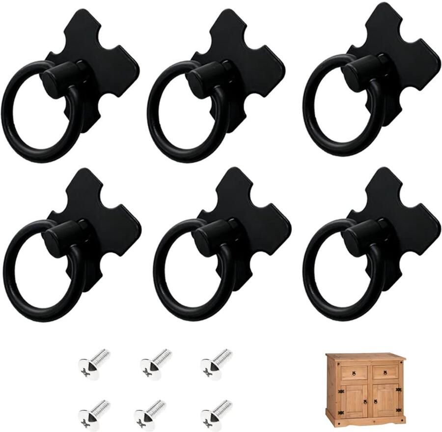 Ibenzoa Set van 6 Vintage Meubelknoppen met Antieke Lade-Trek Ringhandgrepen in Klassiek Zwart Design
