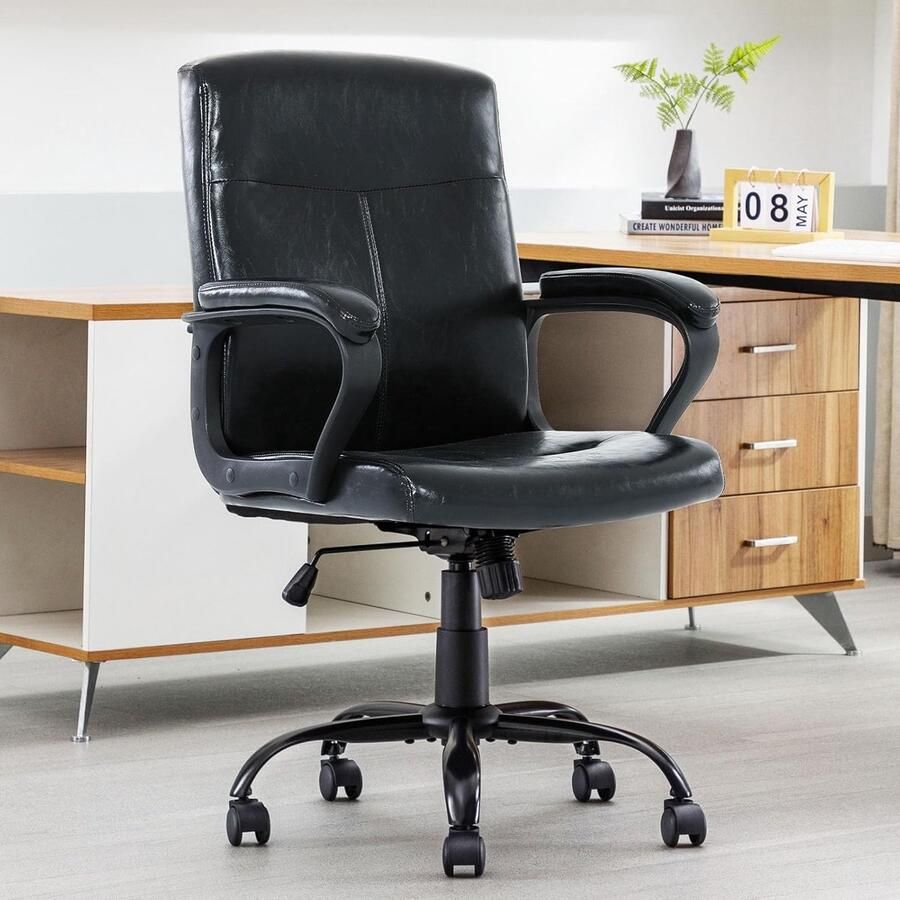 Zwarte leren bureaustoel met middenrugleuning en armleuningen draaibare bureaustoel voor thuiskantoor rugleuning van 30° draagvermogen 400 lbs
