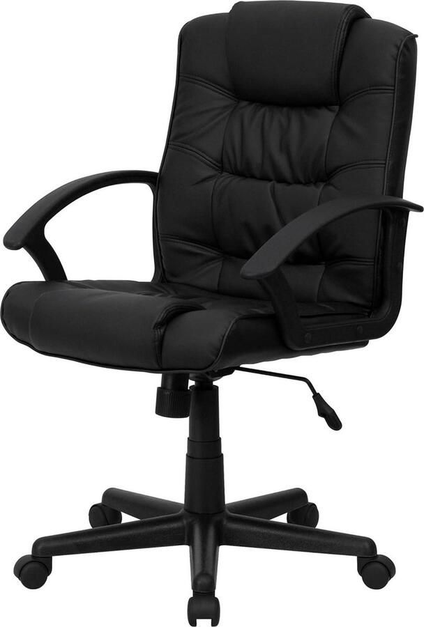 Zwarte leren draaistoel voor op kantoor met middelhoge rugleuning Bureaustoel