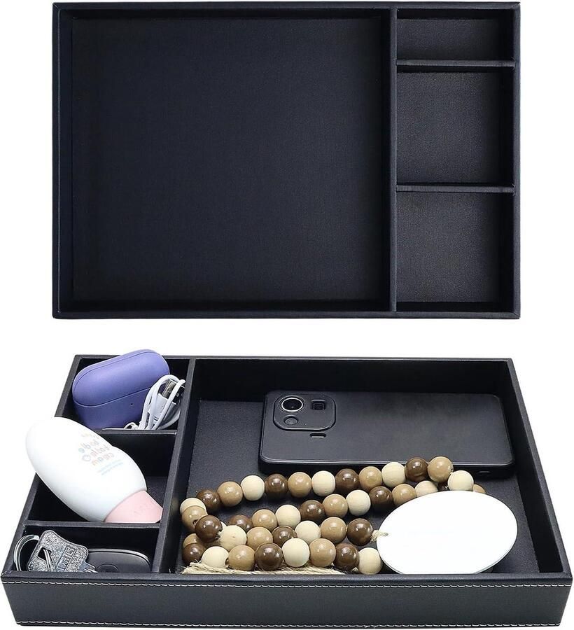 Zwarte leren mannen nachtkastje opbergschaal praktische sleutelhouder en bureauopslag