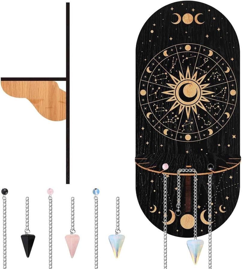 Zwarte maanfase kristallen standaard Houten muurdecoratie met 3 natuurstenen Kristallen displayhouder