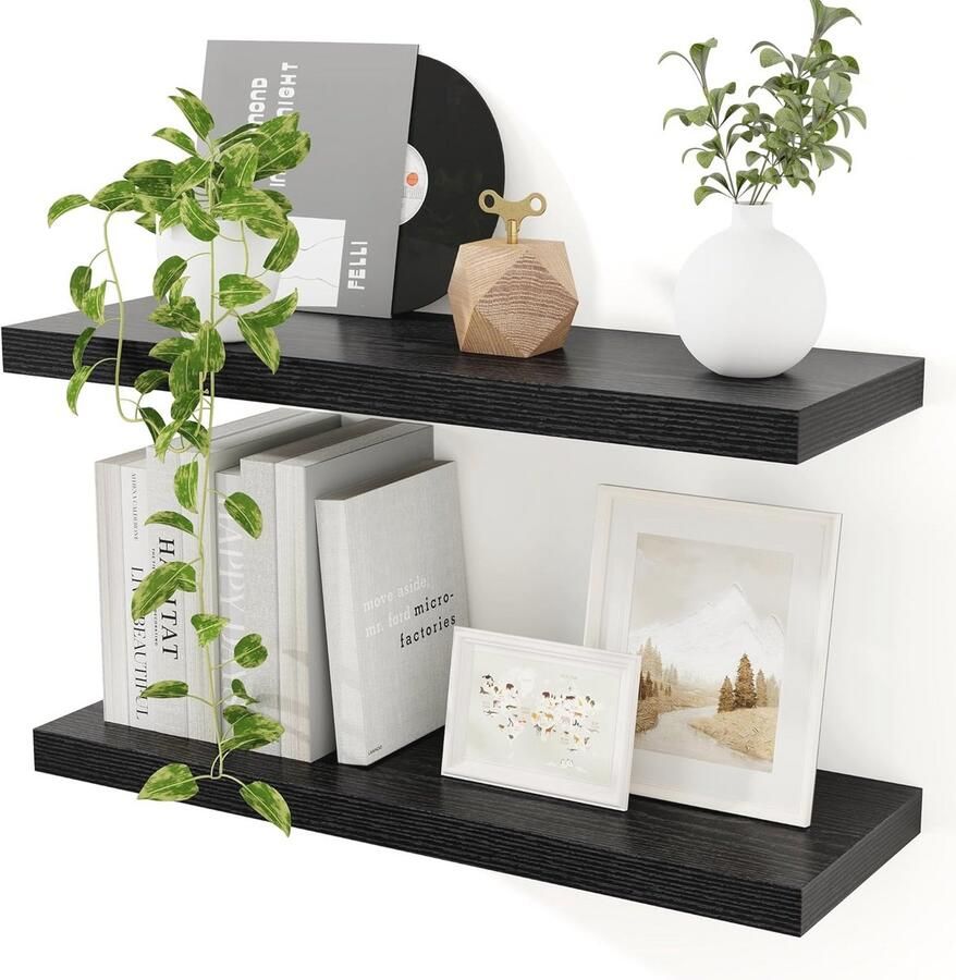 Zwarte MDF Wandplank Set van 2 Extra Brede Zwevende Planken voor Elke Kamer