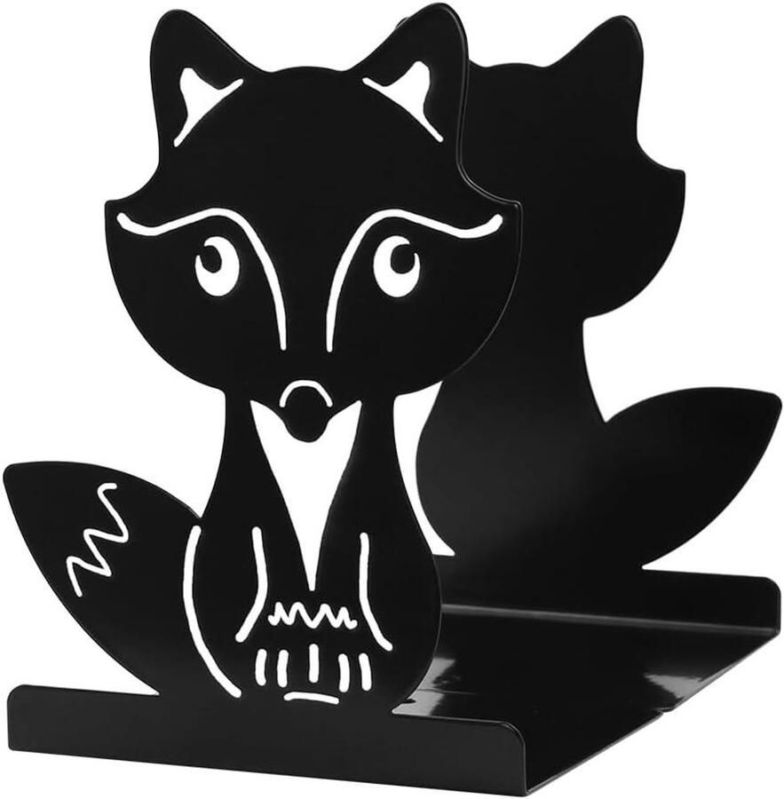 Zwarte metalen boekensteunen Vos design Antislip Bureau organizer voor kinderen en muziekliefhebbers