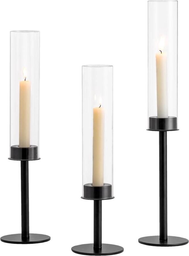 Zwarte metalen kandelaarhouders set van 3 Orkaan kandelaars voor taps toelopende kaarsen Glazen cilinder Bruiloft feest eettafel decoratie