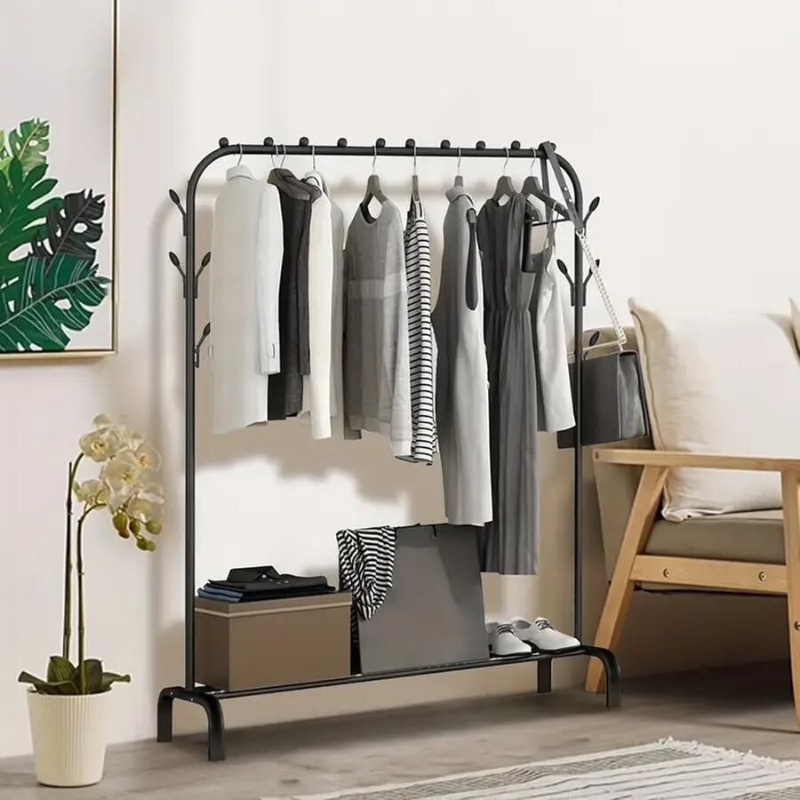 Zwarte Metalen Kledingrek met Schoenenrek & Opbergrek – Vrijstaand – 146x110x40 cm – Stevig & Stijlvol