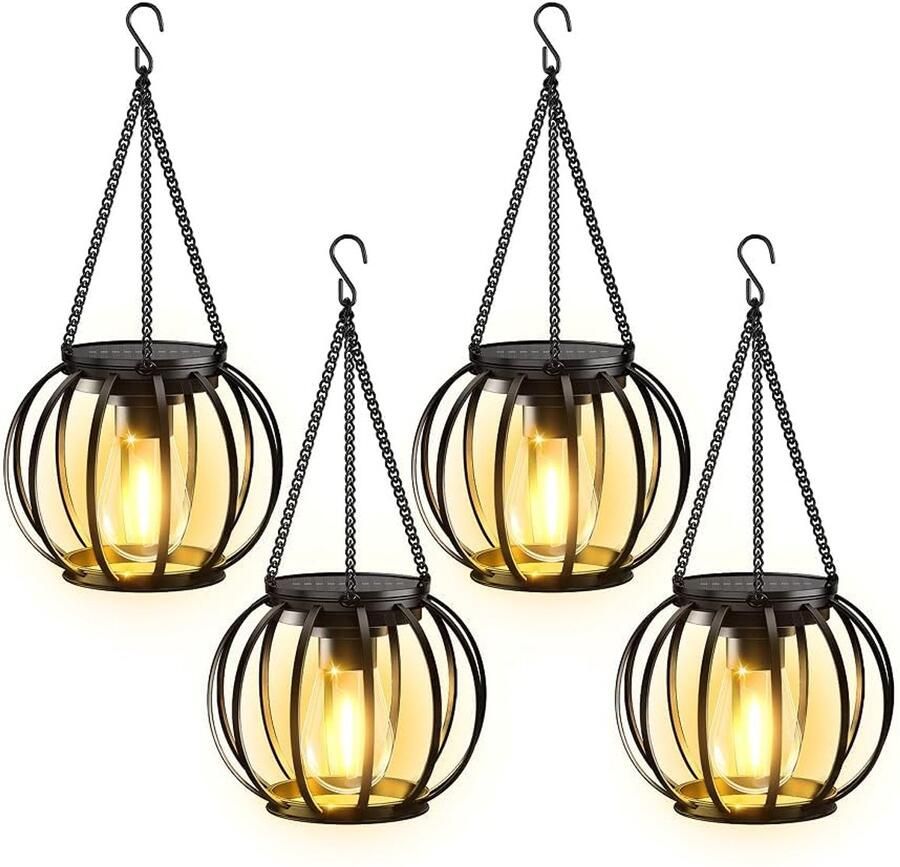 Zwarte metalen solar lantaarns voor buiten 4 stuks met grotere LED lampen en waterdichte IP65
