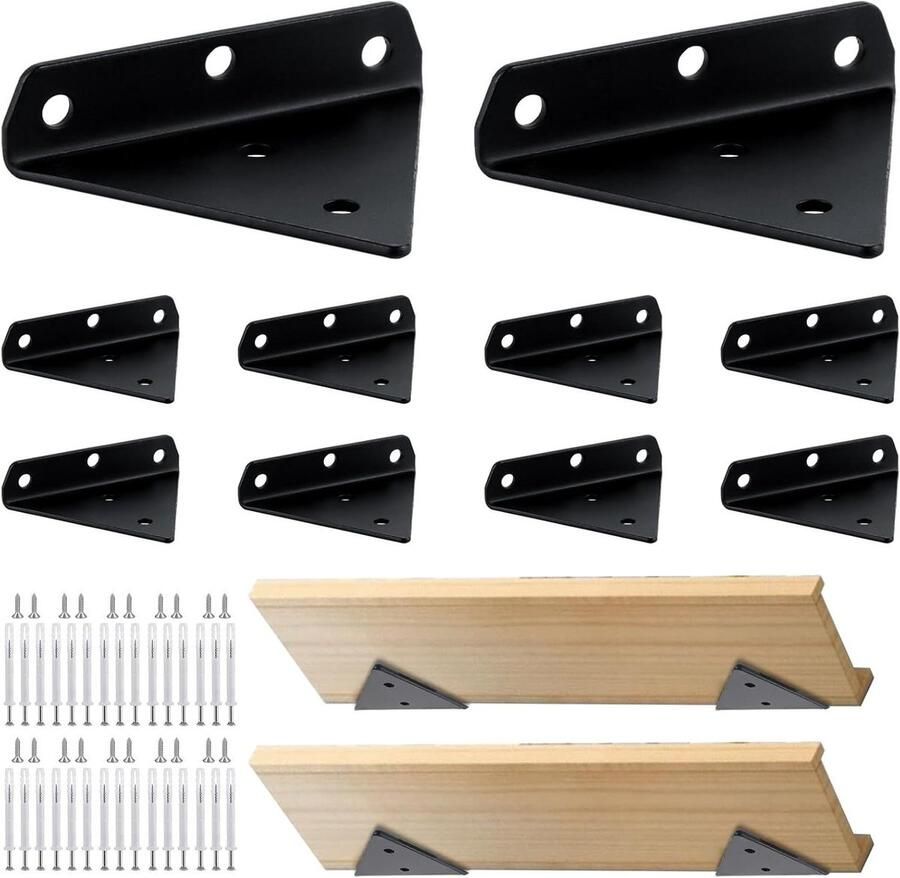 Zwarte metalen wandhouders voor planken 10 stuks onzichtbare plankdragers rvs zwaar inclusief schroeven boekenkast en opbergrek modern design