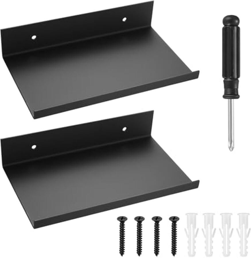 Zwarte Metalen Wandplanken Set van 2 Zwevende Planken voor Woonkamer Slaapkamer Badkamer en Kantoor 20x12x4 cm