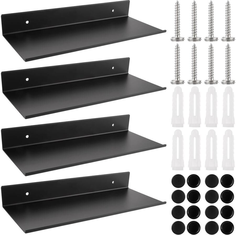 Zwarte Metalen Wandplanken Set van Vier voor Stijlvolle Opbergoplossingen in Huis en Keuken